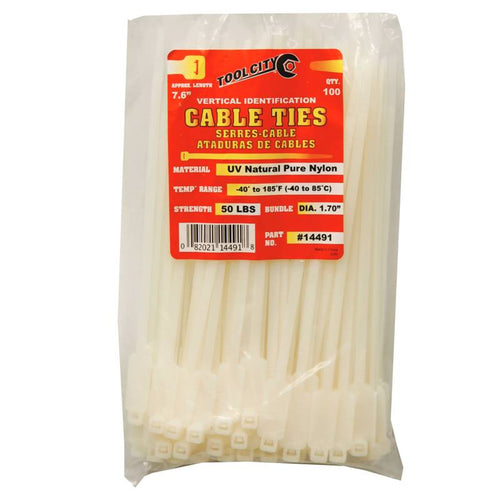 Tool City 7.6 In. L White Cable Tie 100 Pack (7.6, White)