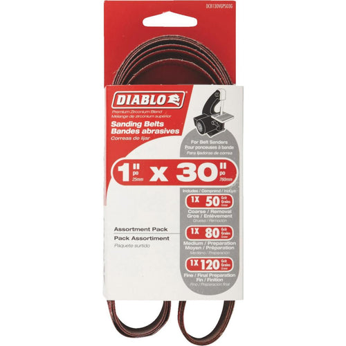 Diablo 1 In. x 30 In. 50/80/120 Grit General Purpose Sanding Belt (3-Pack)